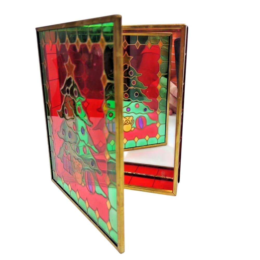 Vintage Faux Stained Glass Trinket Candy Box Mirror Inside Hinged Lid Christmas